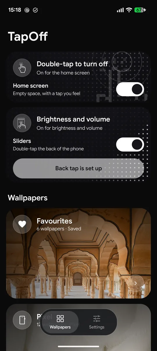 TapOff's main screen in dark mode with the double-tap switch